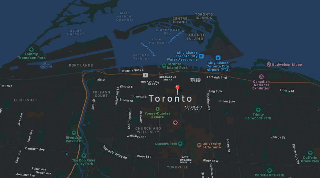 Map of Toronto with blue location dot in the middle
